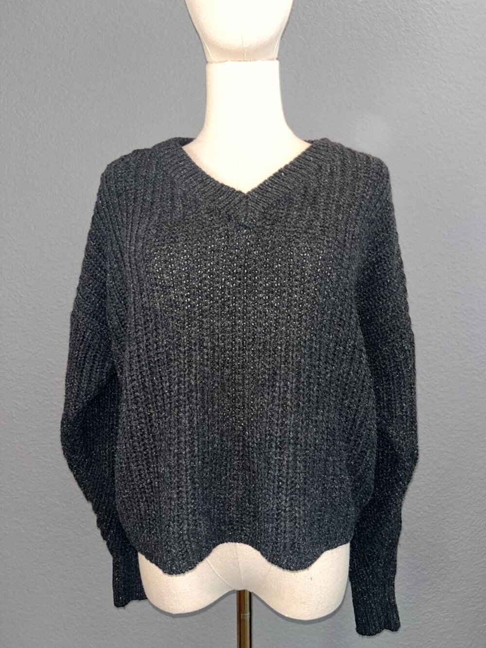 MADEWELL V-NECK WOOL SILK BLEND PLEATED SLEEVE CHARCOAL GRAY SPECKLED SWEATER  S